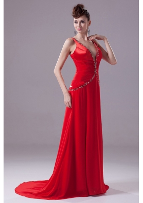 Brush Train Sexy Red Prom Formal Dress Beading V-neck