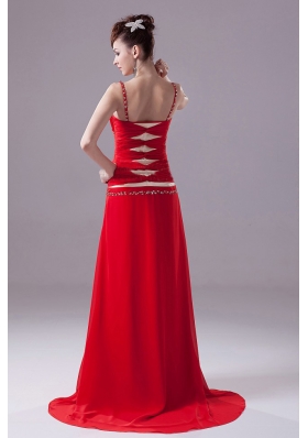 Brush Train Sexy Red Prom Formal Dress Beading V-neck