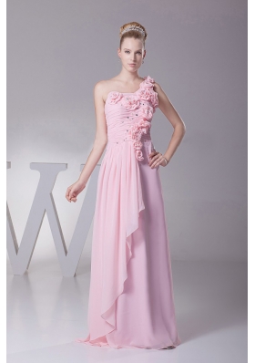 One Shoulder Beading Hand Made Flowers Pink Prom Dress