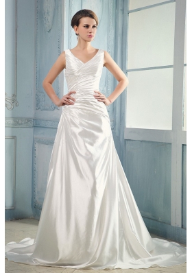 V-neck Ruching Taffeta Wedding Dress With Court Train