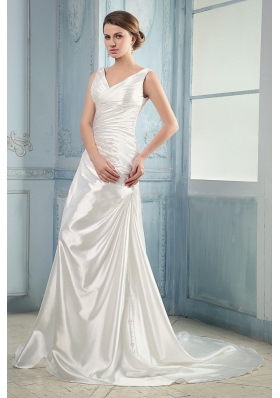 V-neck Ruching Taffeta Wedding Dress With Court Train