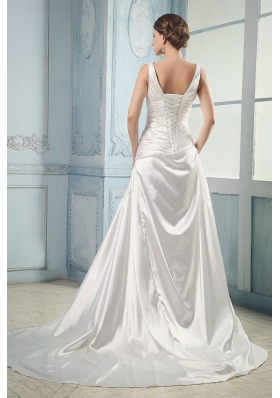 V-neck Ruching Taffeta Wedding Dress With Court Train