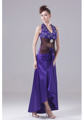 Purple Halter and High-low Beading Prom Cocktail Dress