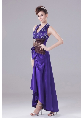 Purple Halter and High-low Beading Prom Cocktail Dress