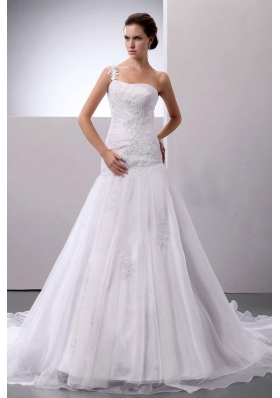 Appliques One Shoulder Court Train Organza Bridal Dress