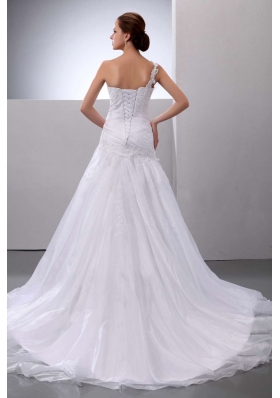 Appliques One Shoulder Court Train Organza Bridal Dress