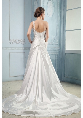 Wedding Dress One Shoulder Appliques and Beading Ruching