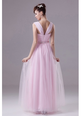 Square Tulle Pink Prom Maxi Dress with Beading