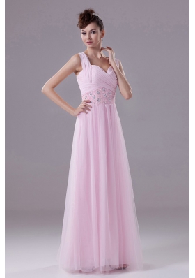 Square Tulle Pink Prom Maxi Dress with Beading