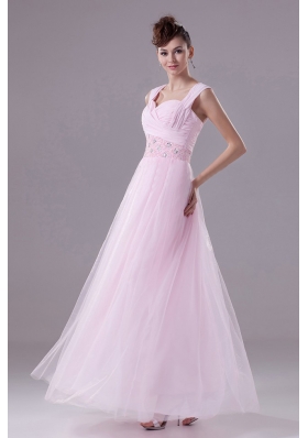 Square Tulle Pink Prom Maxi Dress with Beading