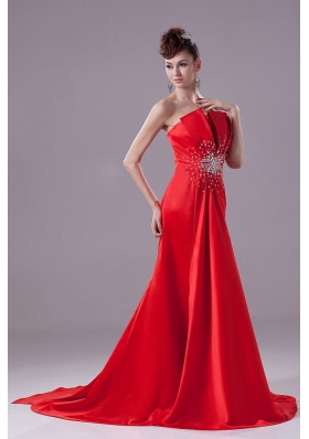 Red A-line Beading Strapless Satin Prom Dress