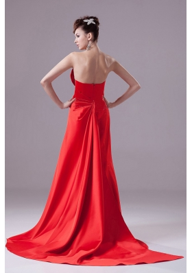 Red A-line Beading Strapless Satin Prom Dress