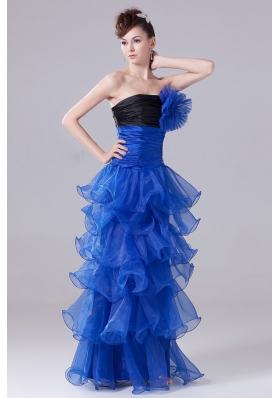 Royal Blue Prom Graduation Dress Flowers Ruffled Layers Ruch