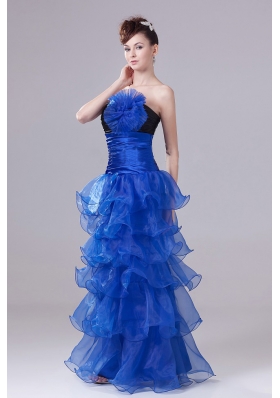 Royal Blue Prom Graduation Dress Flowers Ruffled Layers Ruch