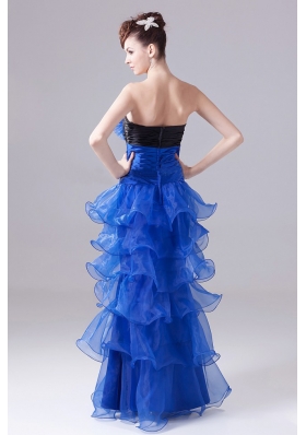 Royal Blue Prom Graduation Dress Flowers Ruffled Layers Ruch