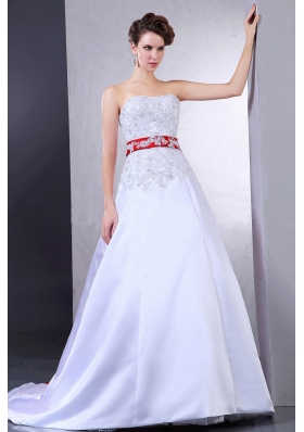 Wedding Dress With Appliques and Red Sash Court Train