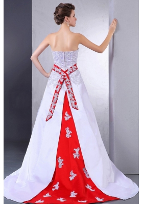 Wedding Dress With Appliques and Red Sash Court Train