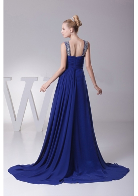 Beaded V-neck and Ruch Blue Prom Maxi Dress