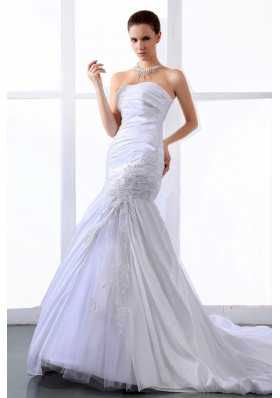 A-line Wedding Dress Court Train With Appliques Ruching