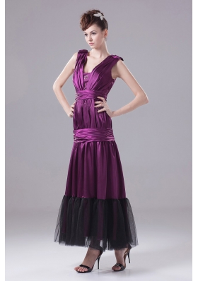 Ankle-length Eggplant Purple Prom Evening Dress With Ruch