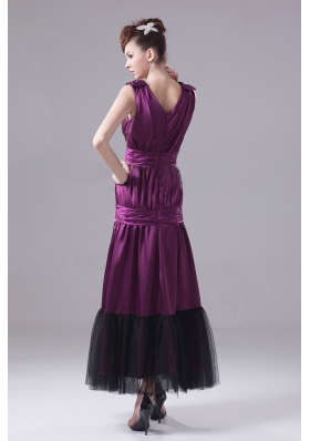 Ankle-length Eggplant Purple Prom Evening Dress With Ruch