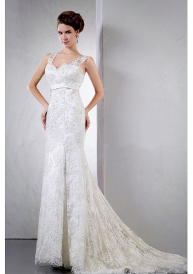 Lace Clasp Handle V-neck Court Train Wedding Dress