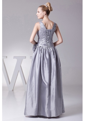 Silver V-neck Hand Made Prom dress Appliques Pleats