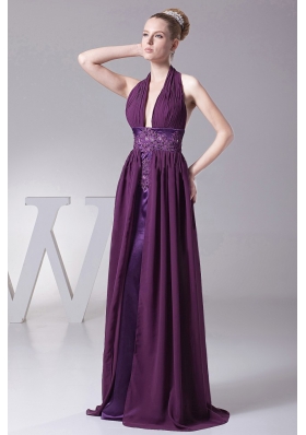 Sexy Purple Halter Dress For Prom Ruch Appliques