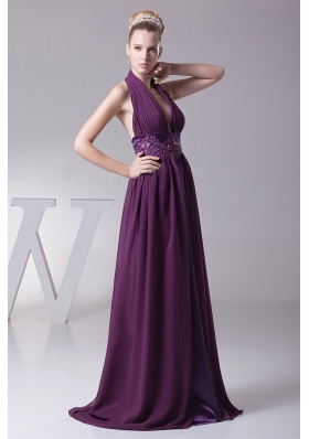 Sexy Purple Halter Dress For Prom Ruch Appliques