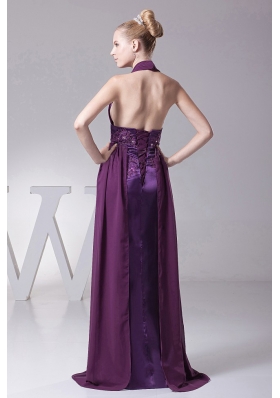 Sexy Purple Halter Dress For Prom Ruch Appliques