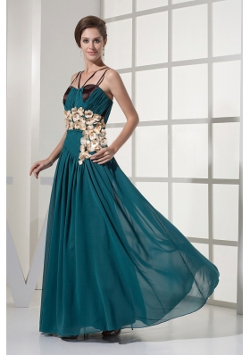 Spaghetti Straps Teal Prom Dress Handmade Flowers