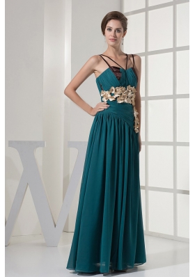 Spaghetti Straps Teal Prom Dress Handmade Flowers