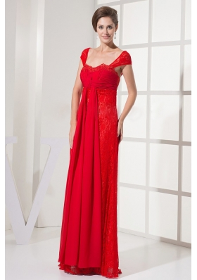 Cap Sleeves Red Prom Dress With Lace Floor-length