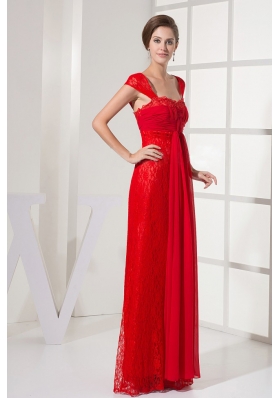 Cap Sleeves Red Prom Dress With Lace Floor-length