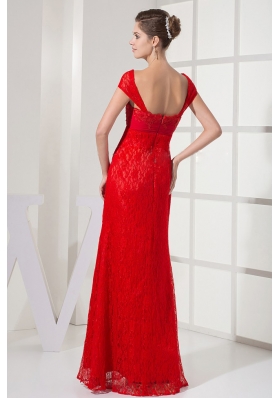 Cap Sleeves Red Prom Dress With Lace Floor-length