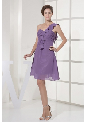 One Shoulder Ruched Lilac Prom Dress Chiffon Mini-length