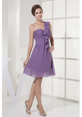 One Shoulder Ruched Lilac Prom Dress Chiffon Mini-length