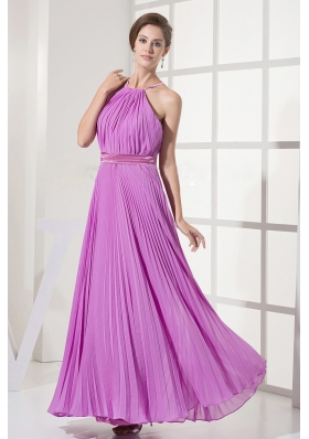 Pleated Lavender Chiffon Scoop Prom Dress Floor-length