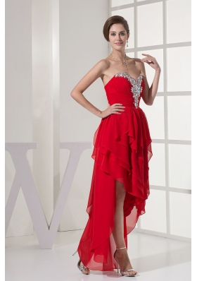 High Low Red Asymmetrical Chiffon Prom Dress Beaded