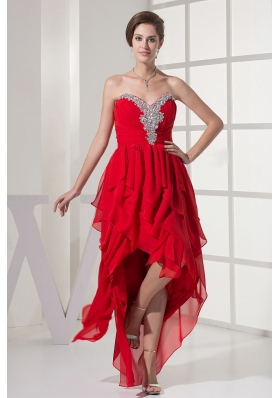 High Low Red Asymmetrical Chiffon Prom Dress Beaded