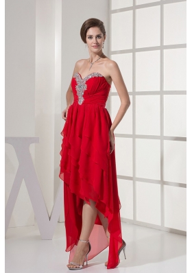 High Low Red Asymmetrical Chiffon Prom Dress Beaded