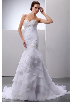 Mermaid Beading Layered Ruffles Court Train Wedding Dress