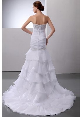 Mermaid Beading Layered Ruffles Court Train Wedding Dress