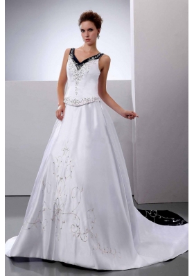 V-Neck A-Line Embroidery Wedding Dress Court Train Satin