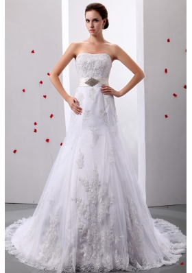 A-Line Strapless Tulle Appliques Beading Wedding Gowns