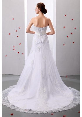 A-Line Strapless Tulle Appliques Beading Wedding Gowns