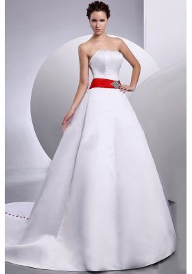 Red Belt Wedding Gowns Dresses Court Train Satin