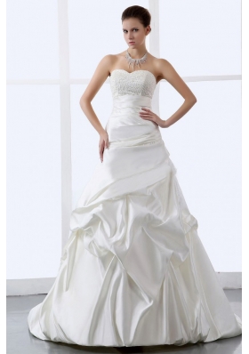 A-line Beaded Wedding Dress Bridal Brush Train Satin