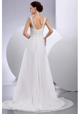 Straps Embroidery Bridal Gowns Ruched Princess Chiffon