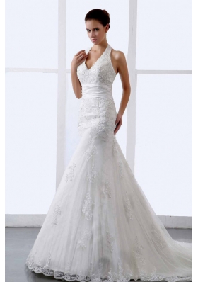 Halter Appliques Tulle Court Train Wedding Dress V-neck